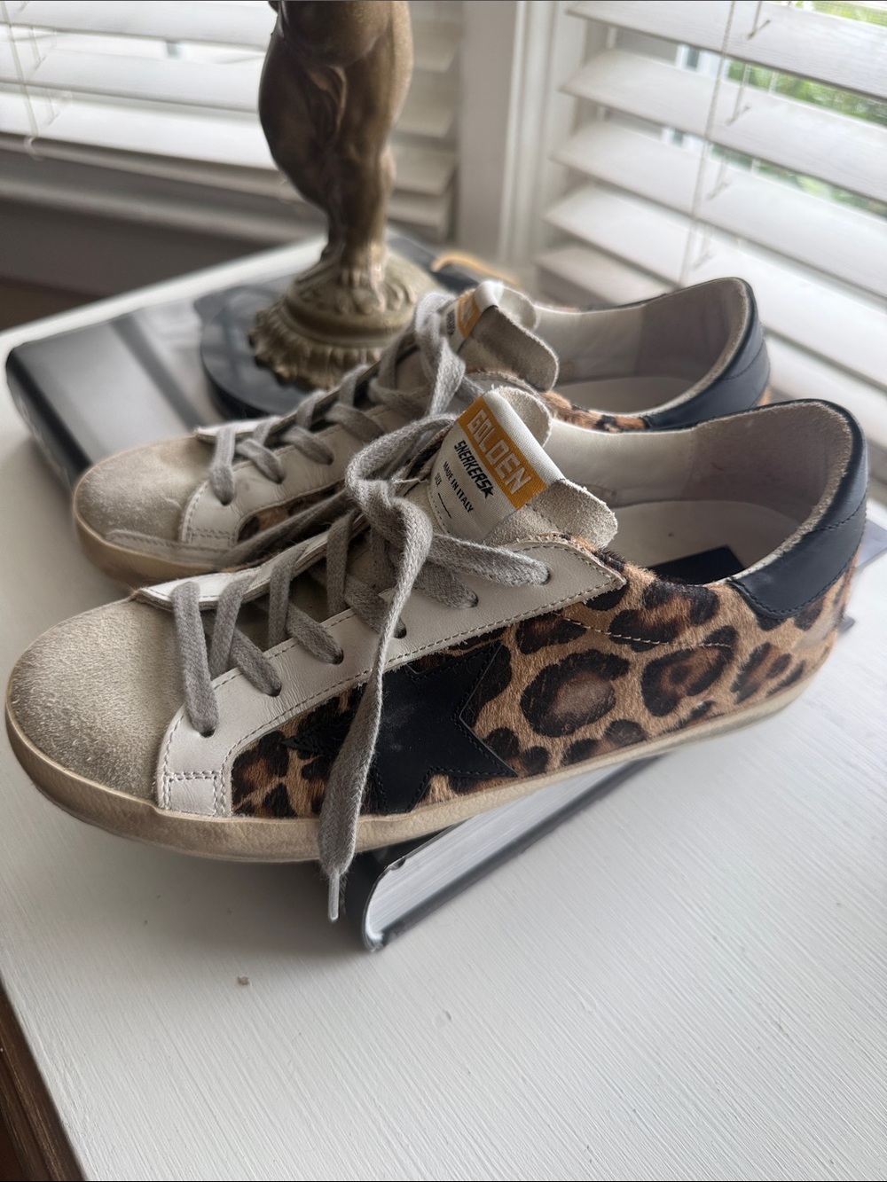Golden Goose Leopard-Print Sneakers with Black Star and Gray Suede 36